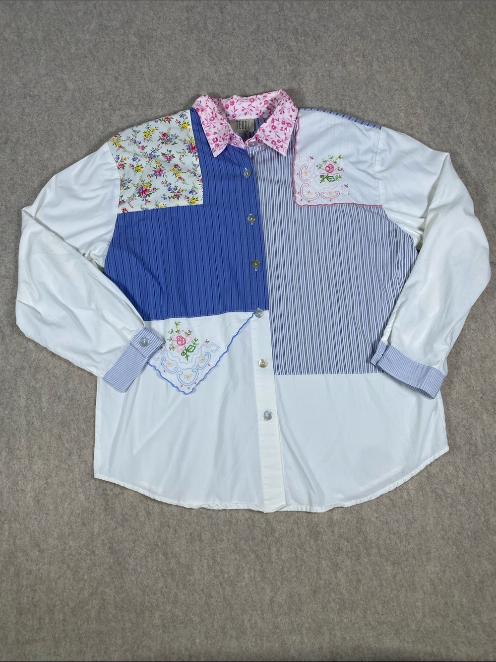 Vintage Teddi Patchwork Button Down Shirt Embroidered Floral Cottagecore Size L